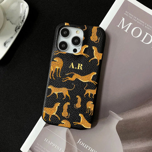 Personalised Cheetah Custom Initials Engraved Leather Cover For iPhone