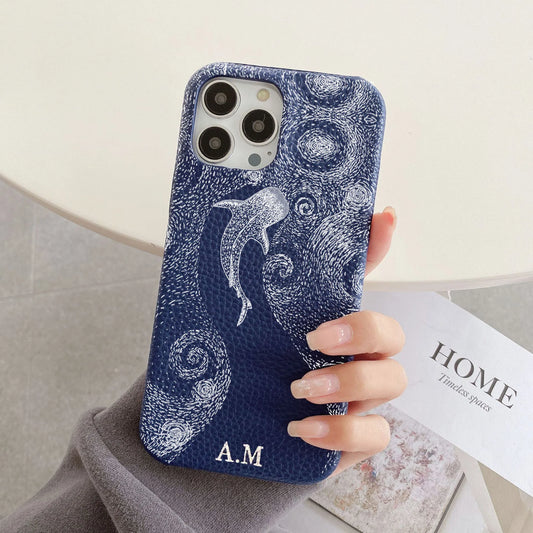 Personalised Whale-Blue Custom Initials Engraved Leather Cover For iPhone