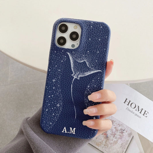 Personalised Stingray Custom Initials Engraved Leather Cover For iPhone